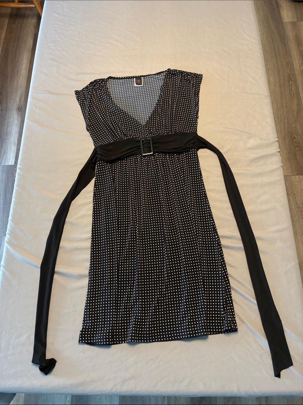 Wrapper Black Polka Dot V-Neck Belted Dress with White Dot Print